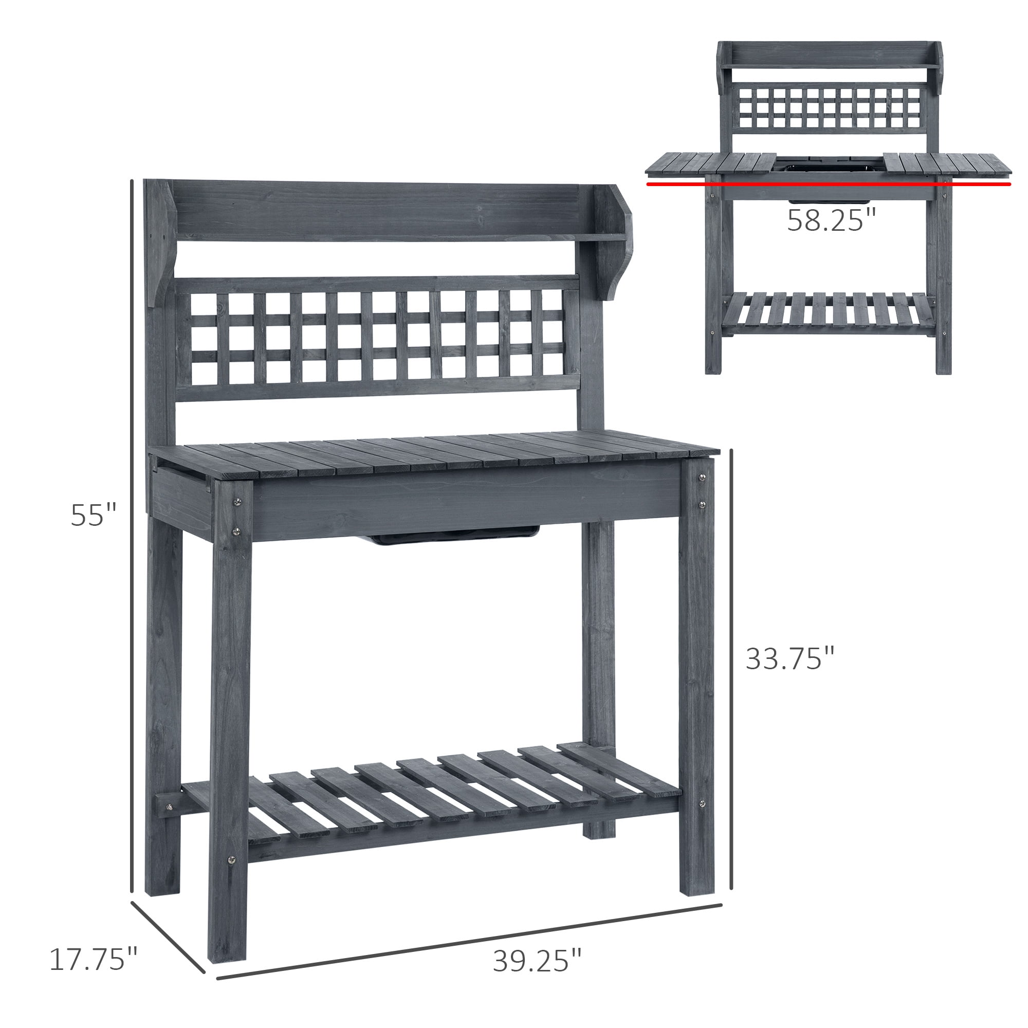 Outdoor Potting Bench Table, Wooden Workstation, Storage Shelf and Dry Sink