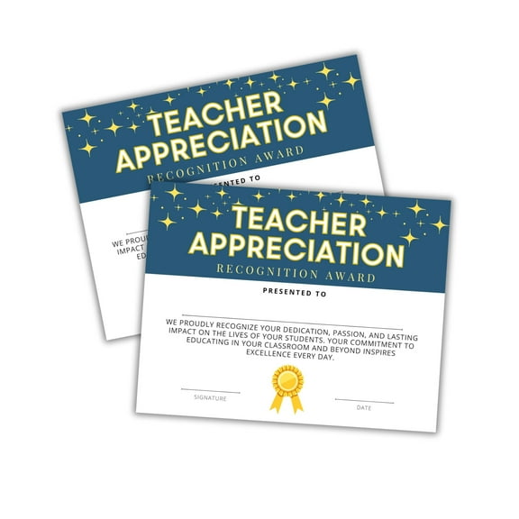 Teacher Appreciation Award Certificate 30pk 8.5x11 Recognition Thank You End of the Year Award of the Month Year Elementary High School Staff