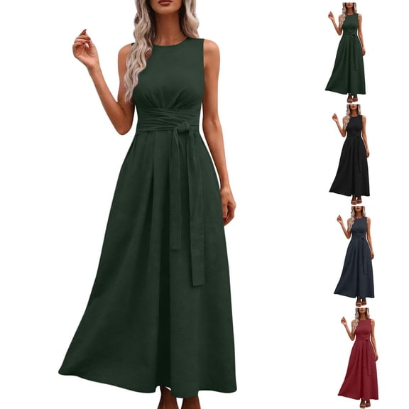 Tqcoqu Summer Maxi Dresses for Women Sleeveless Casual Round Neck Trendy Dress Elegant Flowy Evening Gown,Black,Women's S-XXL