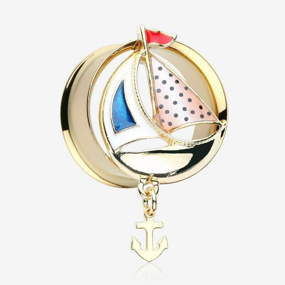 A Pair of Golden Sail Boat Anchor Dangle Steel Ear Gauge Plug