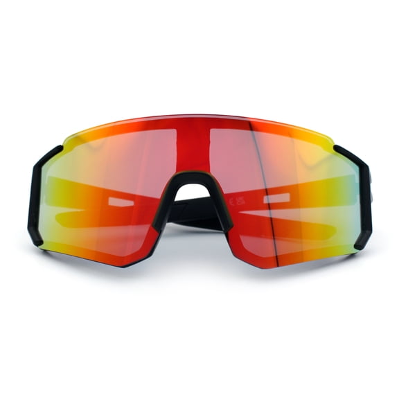 Boys Color Mirror 90s Shield Rimless Wrap Sport Plastic Sunglasses Black Red - Orange Mirror