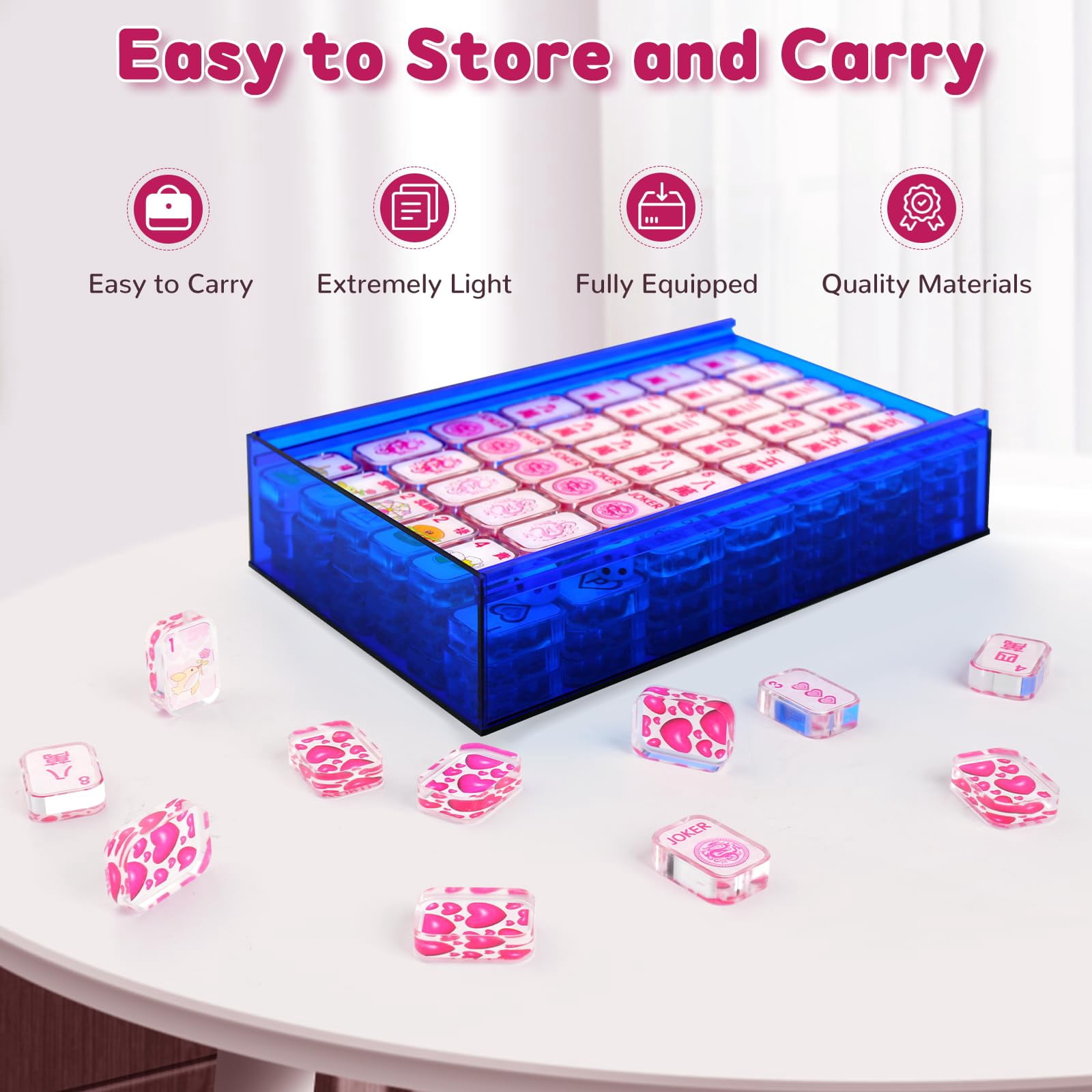 Pink "Love" Mahjong Set | 166 Transparent Tiles (1.18") with Heart Accents, 2 Dice & Blue Case | Complete Game