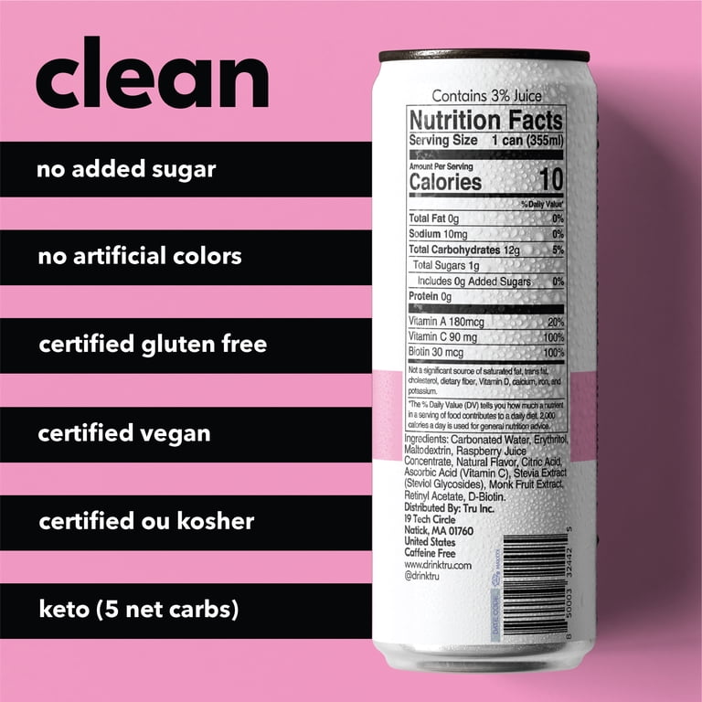 Tru Glow Seltzer Raspberry Flavored Biotin Sparkling Water 12 Pack