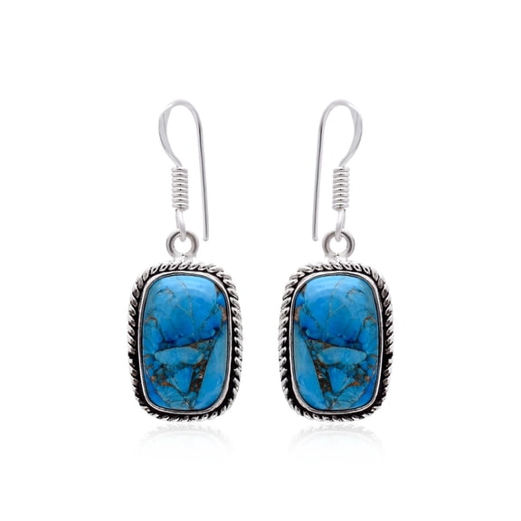 925 Sterling Silver Plated Natural Blue Copper Turquoise Dangle Earrings for Women Handmade Gift Jewelry