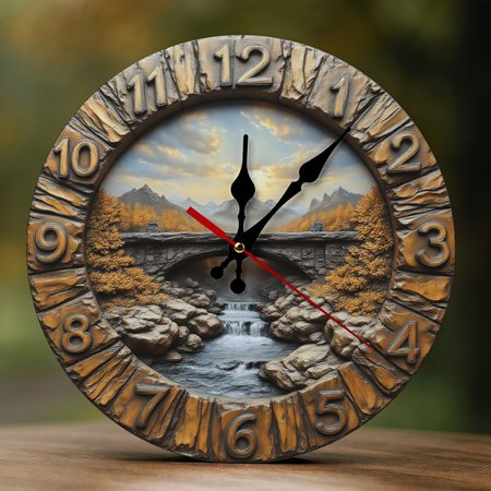 Wall Clock Decorative - Rustic Mountain Bridge Print 2D Vintage Wall Clocks Battery Operated Silent Non-Ticking for Bedroom, Living Room, Kitchen, Office, Classroom, 10 Inch