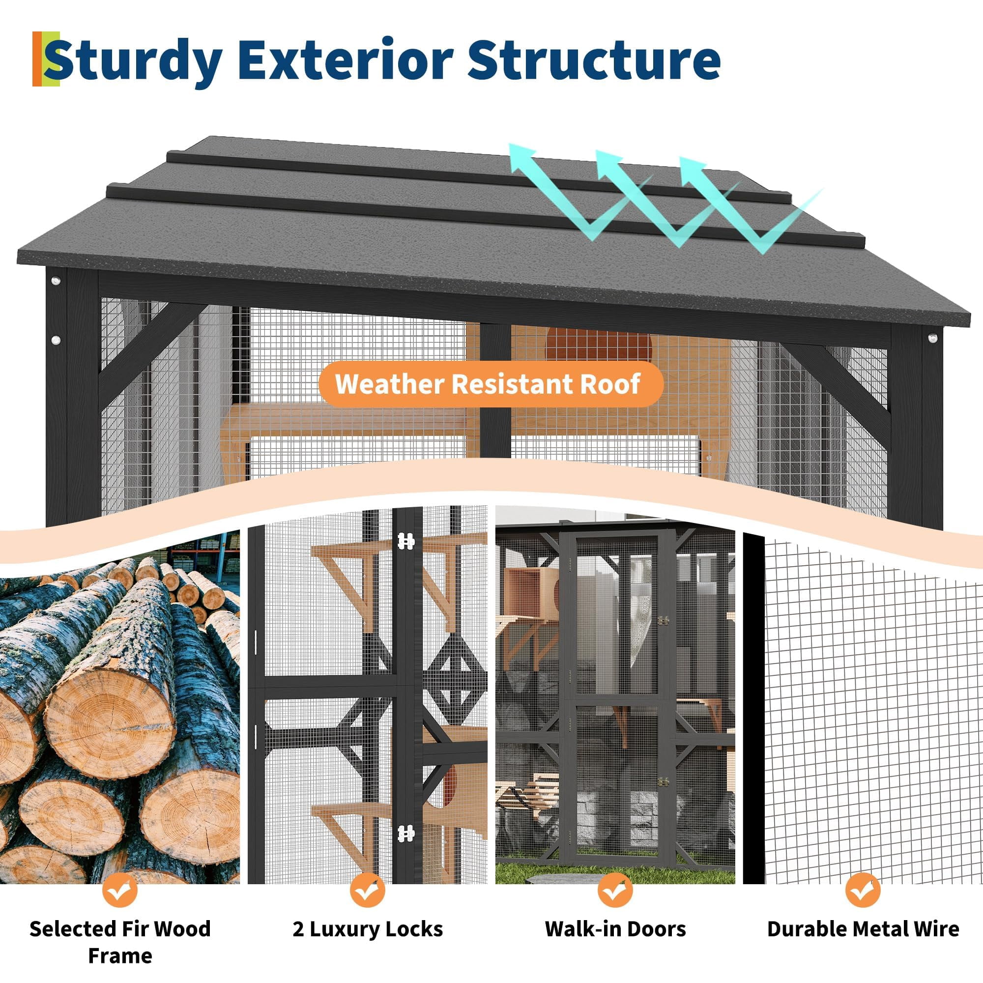 70 inch Walk-in Catio with Window Access, Extra Large Outdoor Cat Enclosure for Multiple Cats, Waterproof Roof Cattery with Bridge and Scratching Post Outside Cat Patio Playpen（ship in 2 boxes）