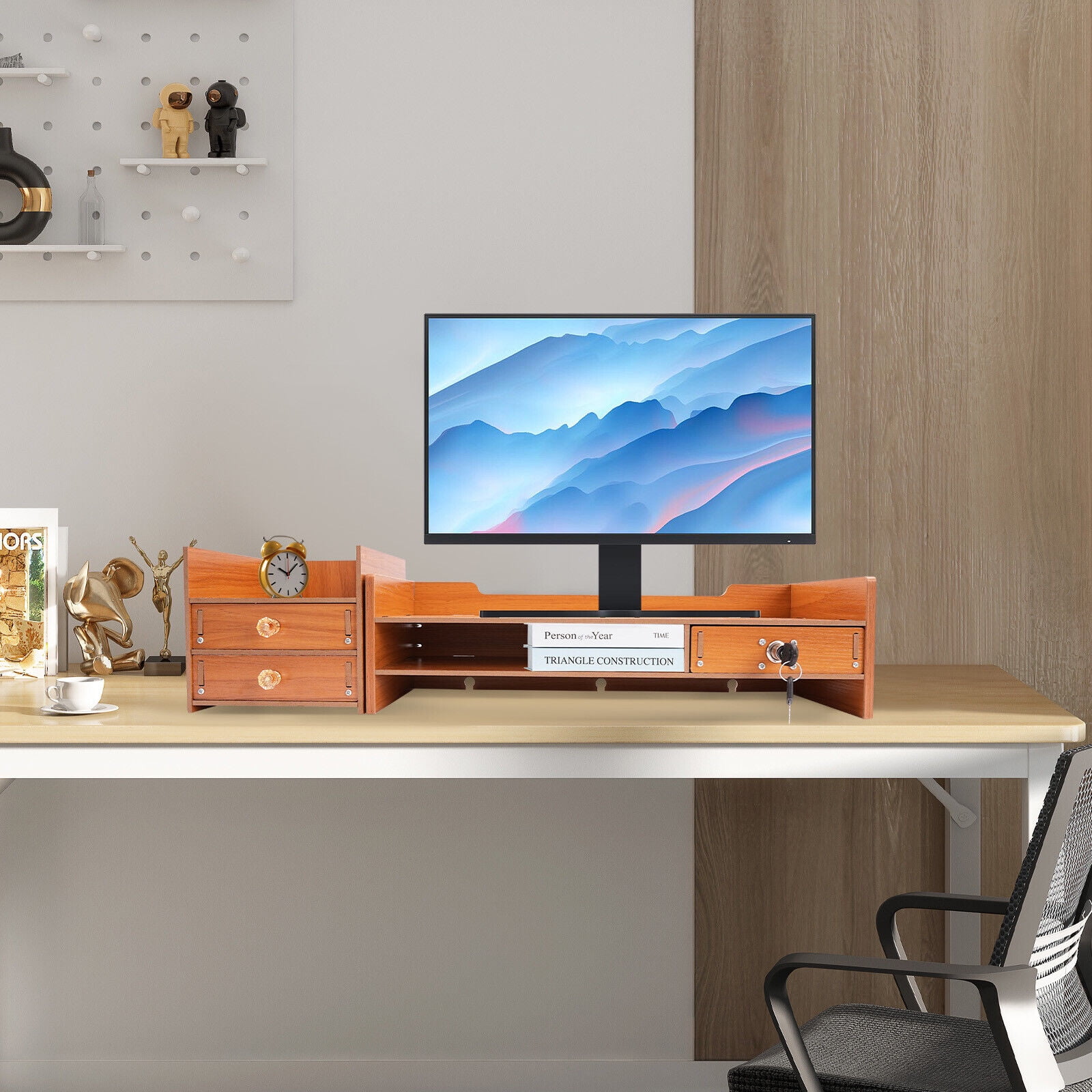 Miumaeov Wooden Desktop Organizer with Drawer Office Supplies Computer Monitor Stand File Laptop Storage Shelf