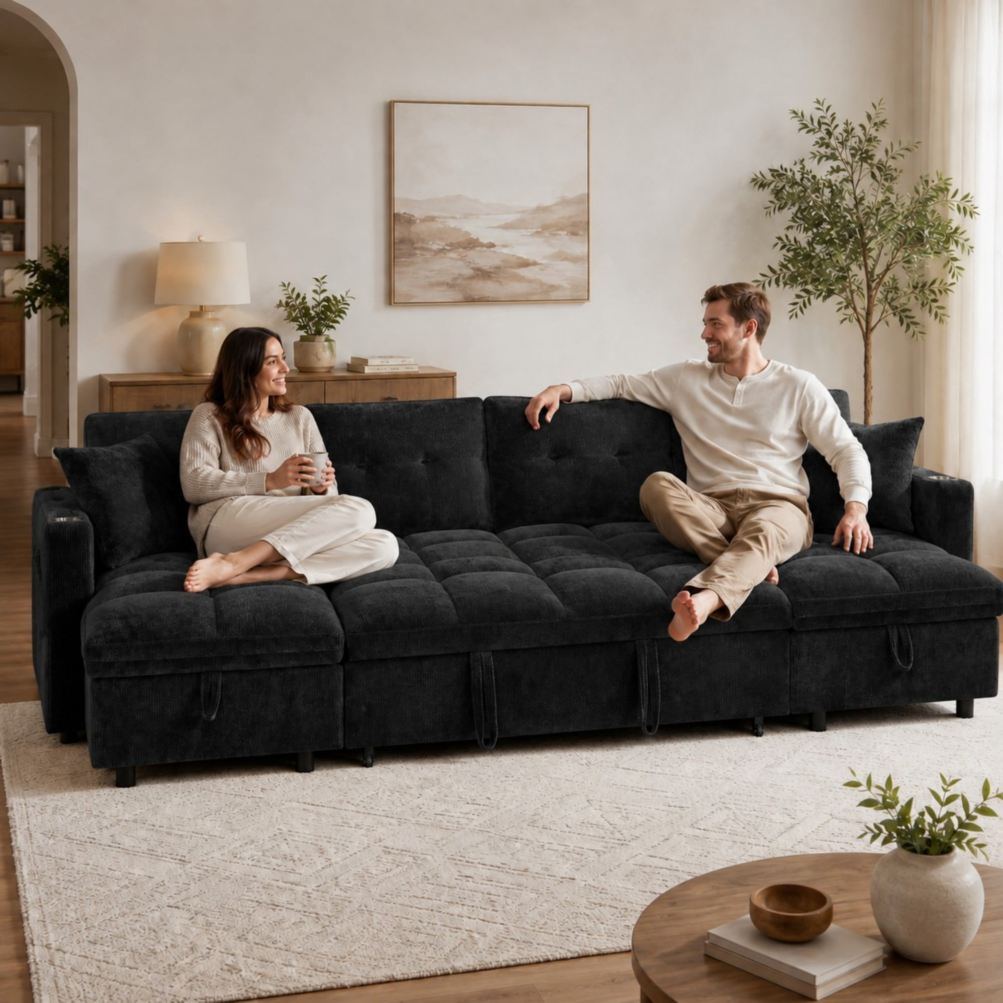 DEALTOPS 108" Chenille U-Shaped Sectional Pull Out Sleeper Sofa Bed with Storage Chaise, USB & Tray Table, Black