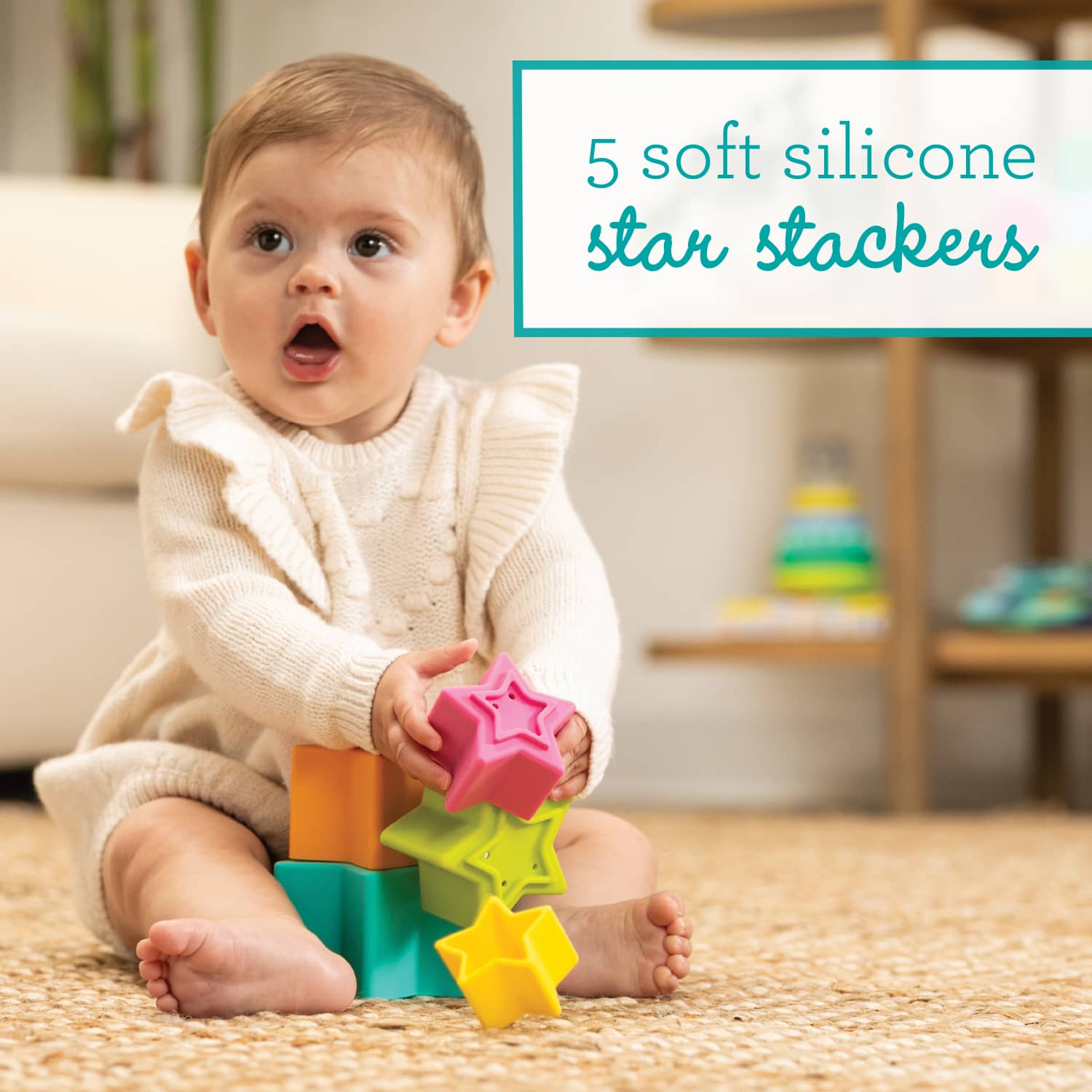 Infantino Stacking Star Rings Silicone Teething Toy, 6-12 Months, Multicolor, 5-Pack