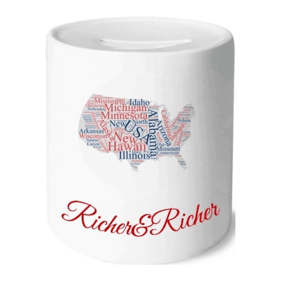 USA America Map City Wordcloud Rich and Rich Bank Saving Box Coin