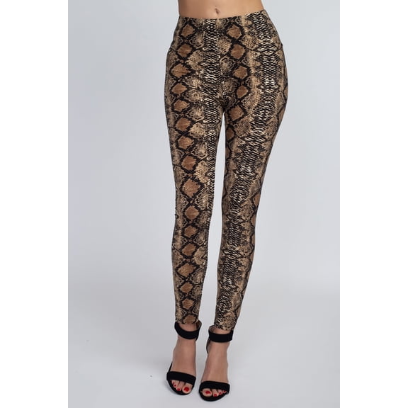 YELETE Women's Snakeskin Print Peach Skin Leggings Ultra Soft, Stretchy Full Length One Size Black Tan from
