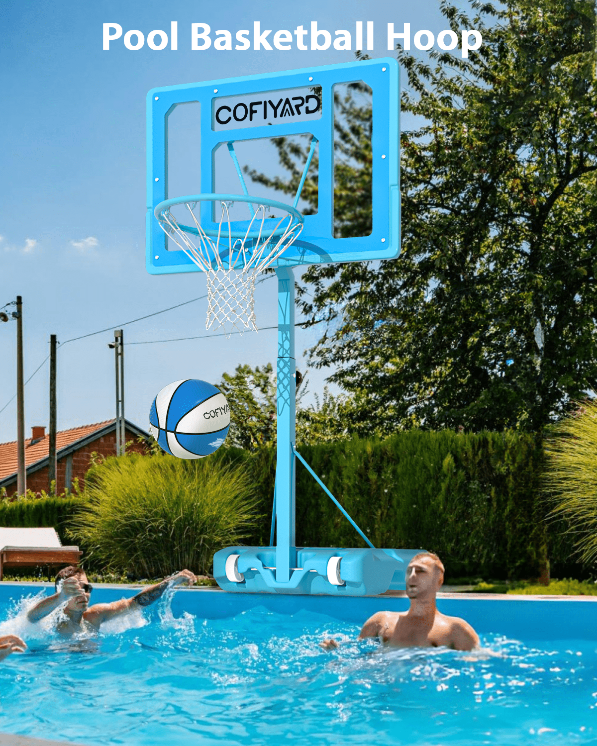 Cofiyard Swimming Pool Basketball Hoop, 32" Shatterproof PC Backboard, Adjustable Poolside Basketball Goal with 2 Balls Outdoor for Teens Adults