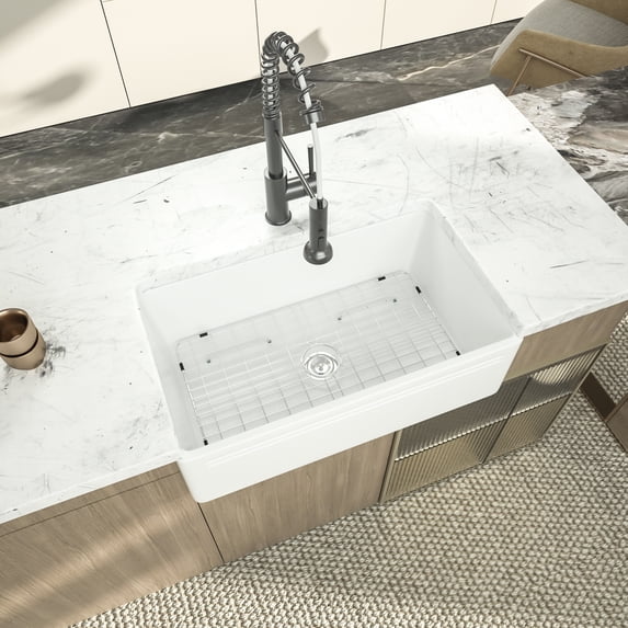 Logmey 30"Lx18"W Rectangular Farmhouse Ceramic Kitchen Sink Single Bowl in White