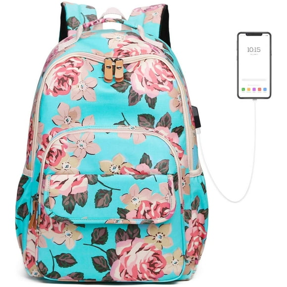 Floral Backpack School Backpack Girls Teenager Ladies School Bag Flowers Daypack Waterproof Nylon Backpacks with USB Charging Port Children's Backpack for Leisure School A Everyday Work, Green