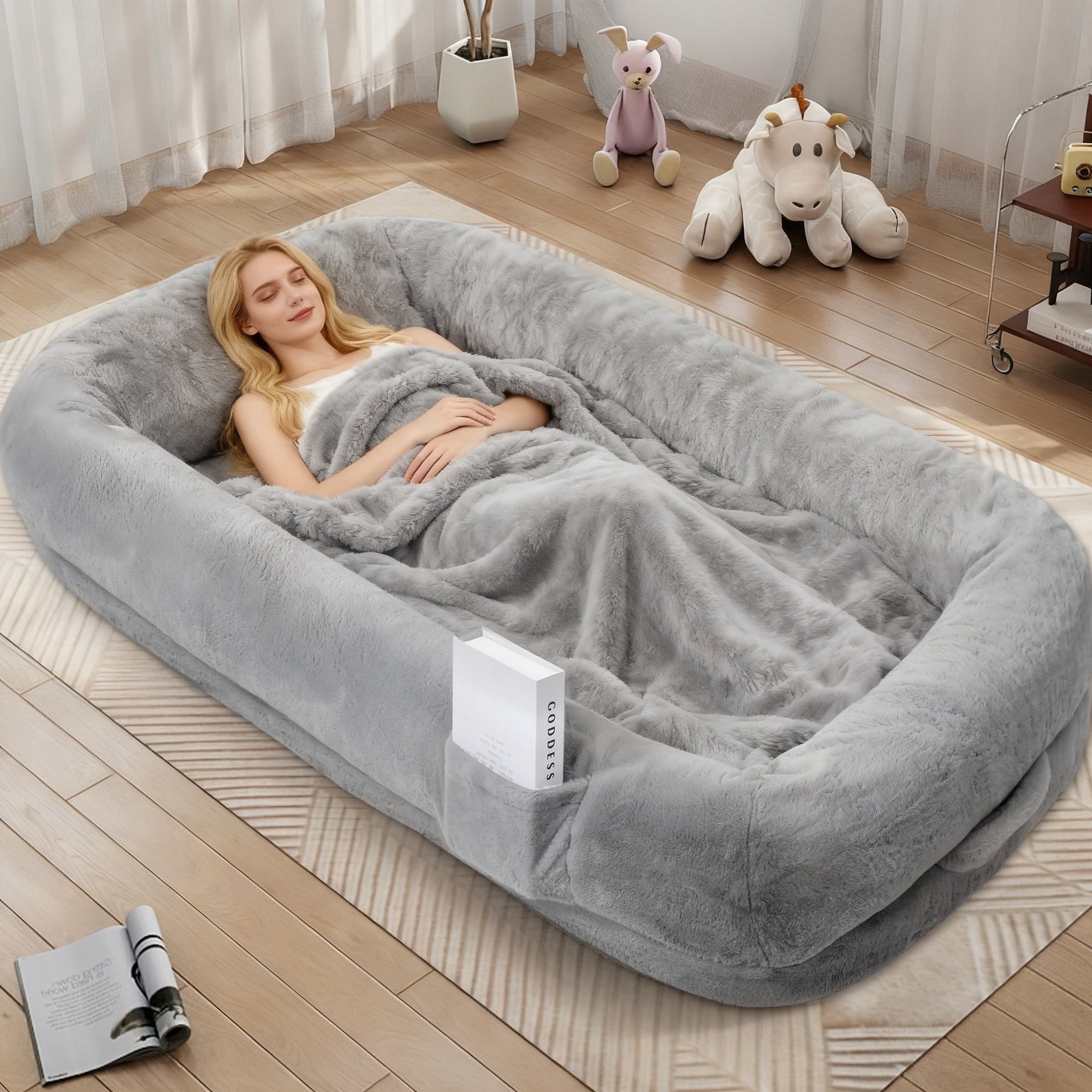 Melocadol Human Dog Bed for Adult, 71"x40"x10" Fits You & Pets, Orthopedic Foam, Washable Faux Fur, Removable Cover, Light Grey