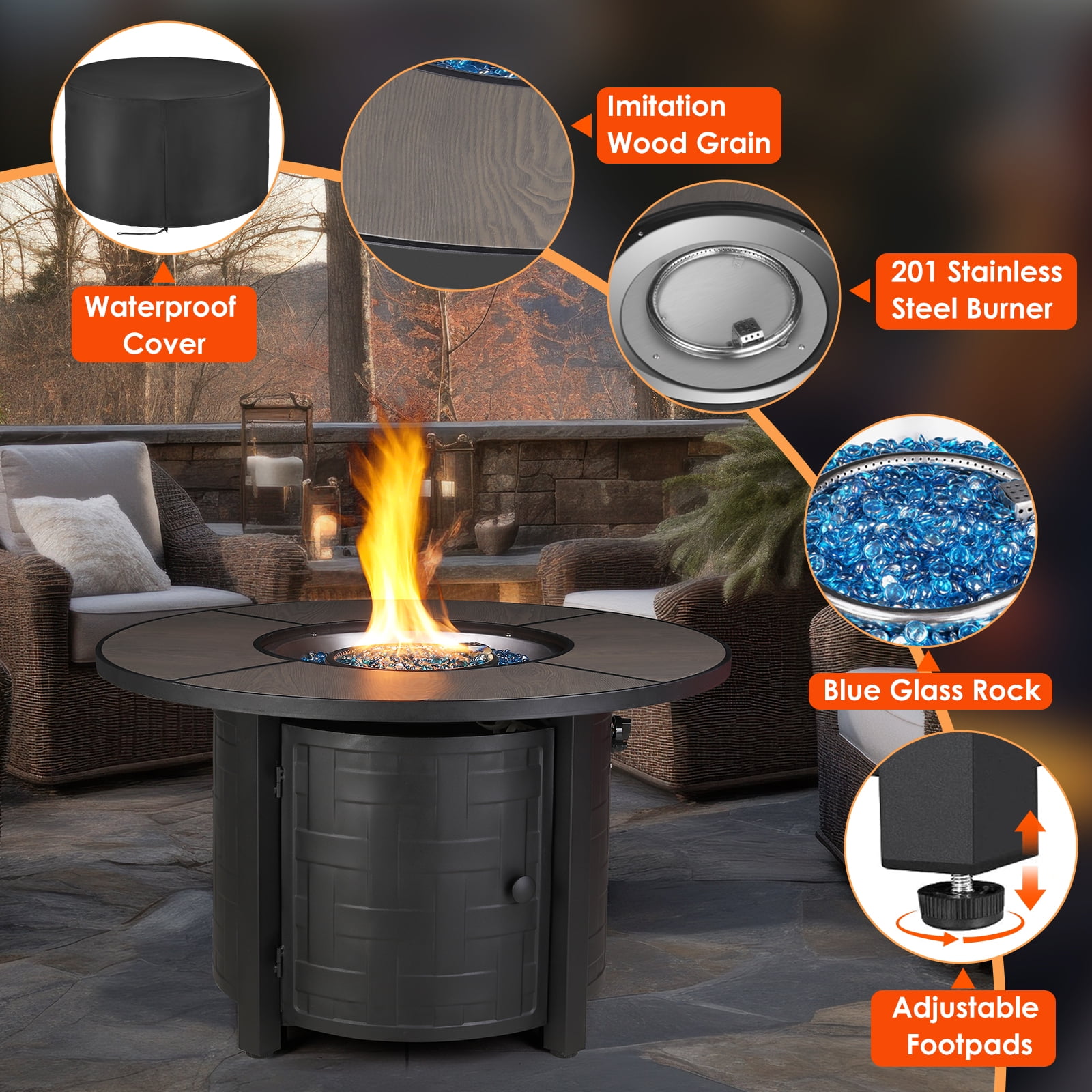 TLGREEN 42" Propane Fire Pit Table with Lid and Blue Stone, 50,000 BTU Auto-Ignition Circular Gas Fire Pit for Outdoor