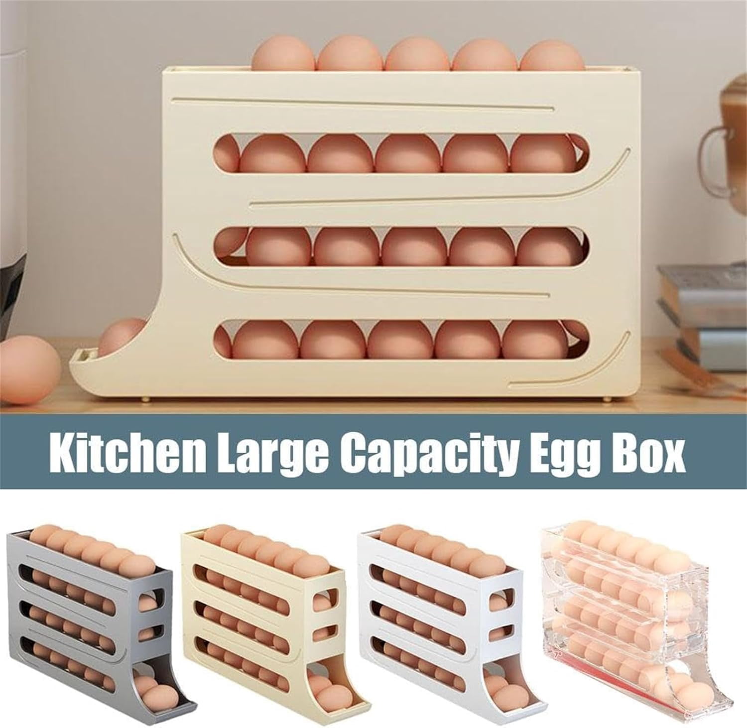 Dispensador De Huevos para Refrigerador, Organizador De Huevos, 4 Tiers Egg Holder for Fridge, Auto Rolling Fridge Egg Organizer, Egg Holder Countertop, Egg Dispenser Holder