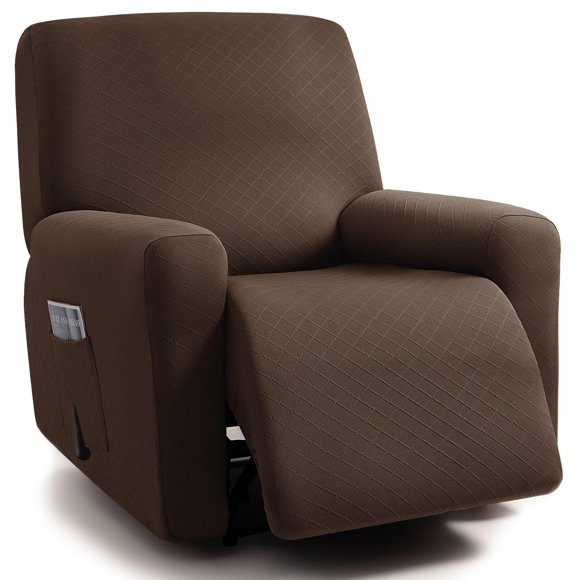 ULTICOR Squared Jacquard Design, 4-Piece, 1 Seat Recliner Cover, Reclining Chair Covers for 1 Cushion Reclining Sofa, Single Seat Recliner Couch Cover, Washable (Recliner Cover, Chocolate)