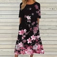 thumbnail image 3 of Tnhcen Women's Summer Casual Vintage Floral Print Short Sleeve Round Neck Knee Length Loose Dress 4 Way Stretch Plus Size S - 2XL Pocket Dress, 3 of 5
