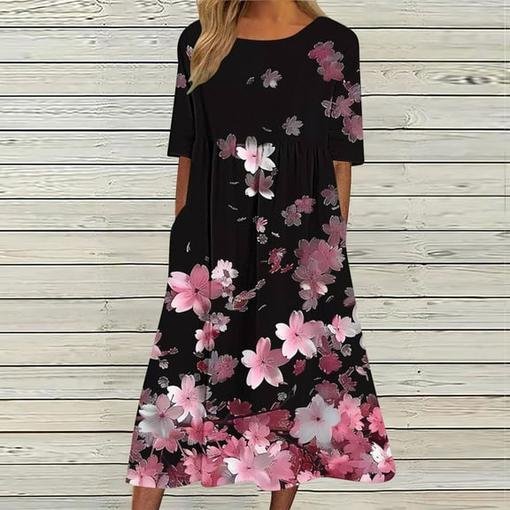 DailyTrove Women's Short Sleeve V Neck Floral Print Maxi Dress, Romantic Outerwear for Summer Date Nights Seaside Trips