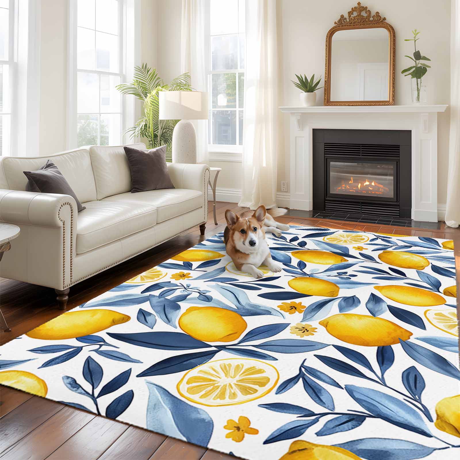 Area Rug 5'x7', Yellow Lemon Non-slip Runner Rug Carpet for Bedside, Blue Flower Leaves Spring Summer Plant Washable Outdoor Indoor Area Rugs Mat for Entryway/Living Room/Bedroom/Kitchen/Office