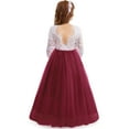 thumbnail image 4 of IBTOM CASTLE Flower Girls 3/4 Sleeve Deep V-Back Tulle Vintage Lace Wedding Party Long Dress Princess Communion Pageant Maxi Gown 7-8 Years Wine Red, 4 of 5