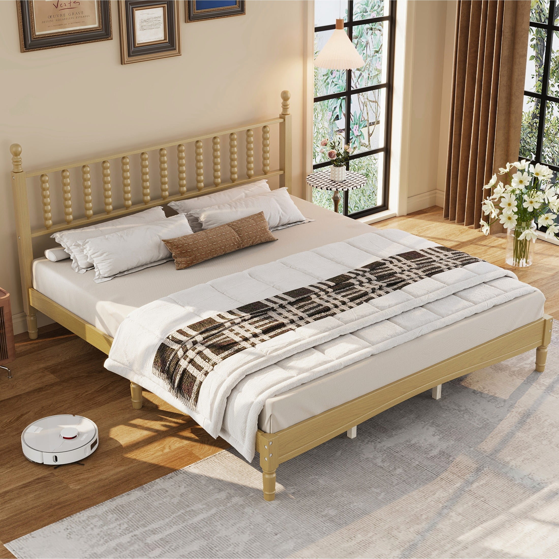 Noble House King Size Platform Bed with Gourd Shaped Headboard, Wooden Slat Support, Natural