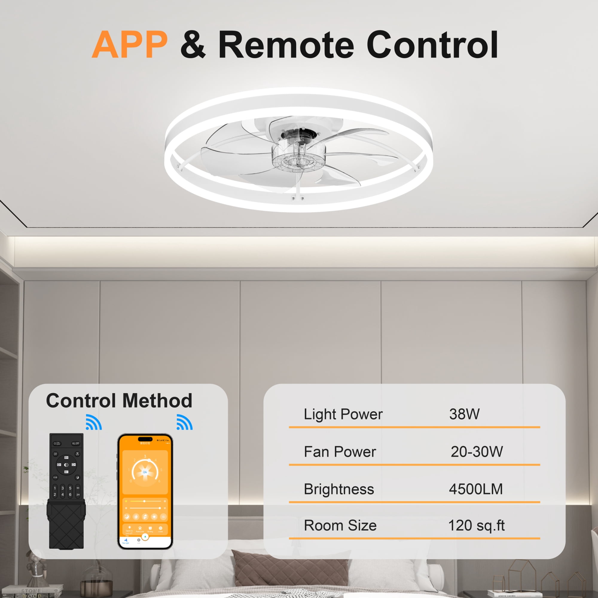 Leumius 23.6"Smart Ceiling Fan with LED Light, 7 Blades Modern Metal Design, 6-Speed Quiet DC Motor, APP & Remote Control, Dimmable Light 3000K-6500K for Living Room Bedroom White