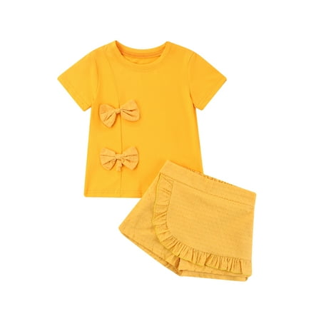 

ZAXARRA Girls Casual Summer Shorts Suit Solid Color Bow Knot T-shirt and Ruffled Shorts