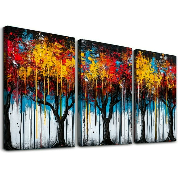 Colorful Abstract Splatter Forest Triptych Unframed Canvas Painting 12x16 Inches - Living Room Bedroom Wall Art Decor - Modern Dripping Style Print Painting (No Frame)