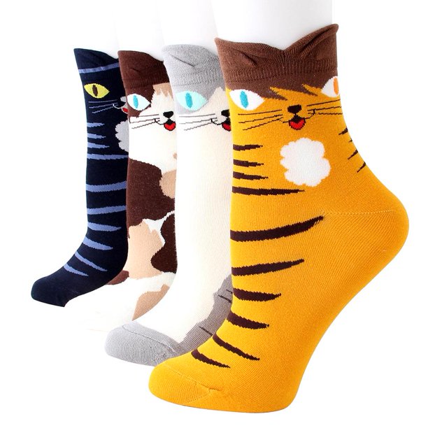 4 pares de calcetines tobilleros de algodón para mujer y niña, calcetines con estampado de gato de dibujos animados para otoño e invierno Likrtyny Para estrenar