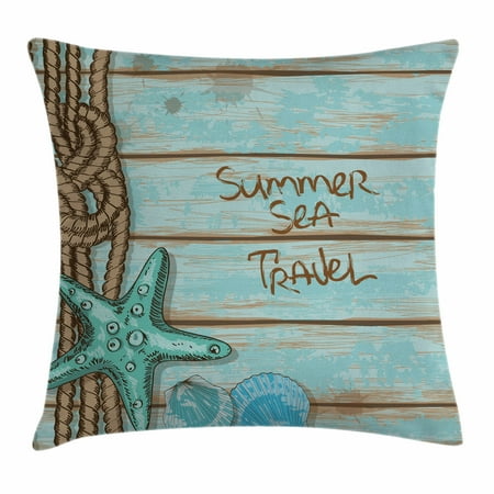 Brown And Turquoise Pillows Starfish Decor Throw Pillow Cushion Cover, Summer Sea Travel Retro Boards of Ship Deck Rope Scallops, Decorative Square Accent Pillow Case, 16 X 16 Inches, Brown Mint Green Turquoise, by Ambesonne ()