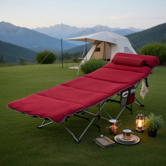 Topcobe Folding Retractable Travel Camping Cot with Mattress and Carry Bag, Outdoor Portable Camping Bed for Sleeping Hiking Travel, Red