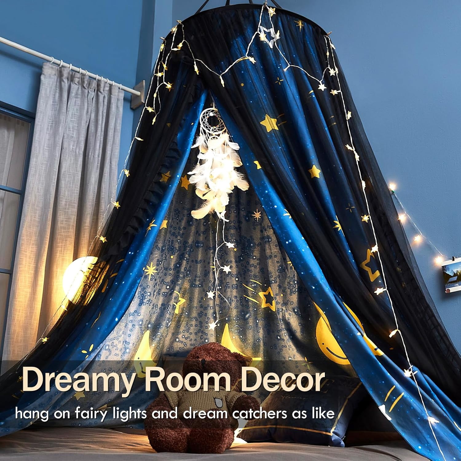 Gorgeous Star Printed Bed Canopy for Girls & Adults, Room Decorative Cozy Bed Curtain Canopy Drapes, Round Dome Luxurious Lace Princess Canopies Mosquito Netting (Star)