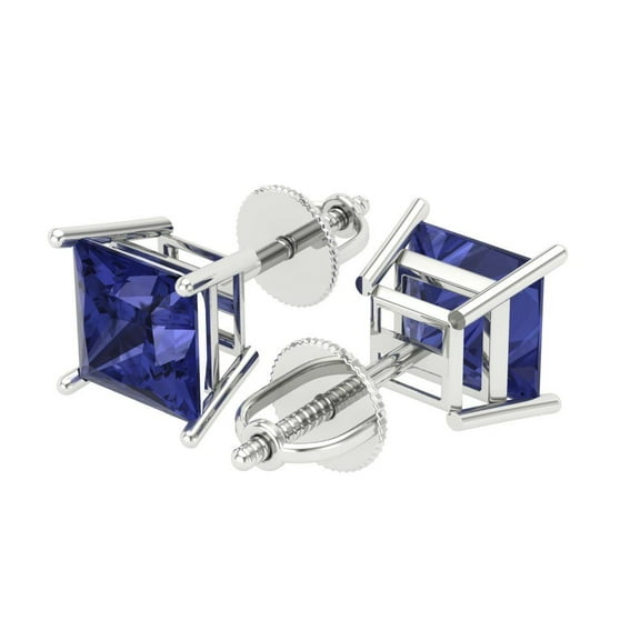 4 Ct Princess Cut Studs Blue Tanzanite 14K White Solid Solid Gold Everyday Dainty Earrings Screw Back