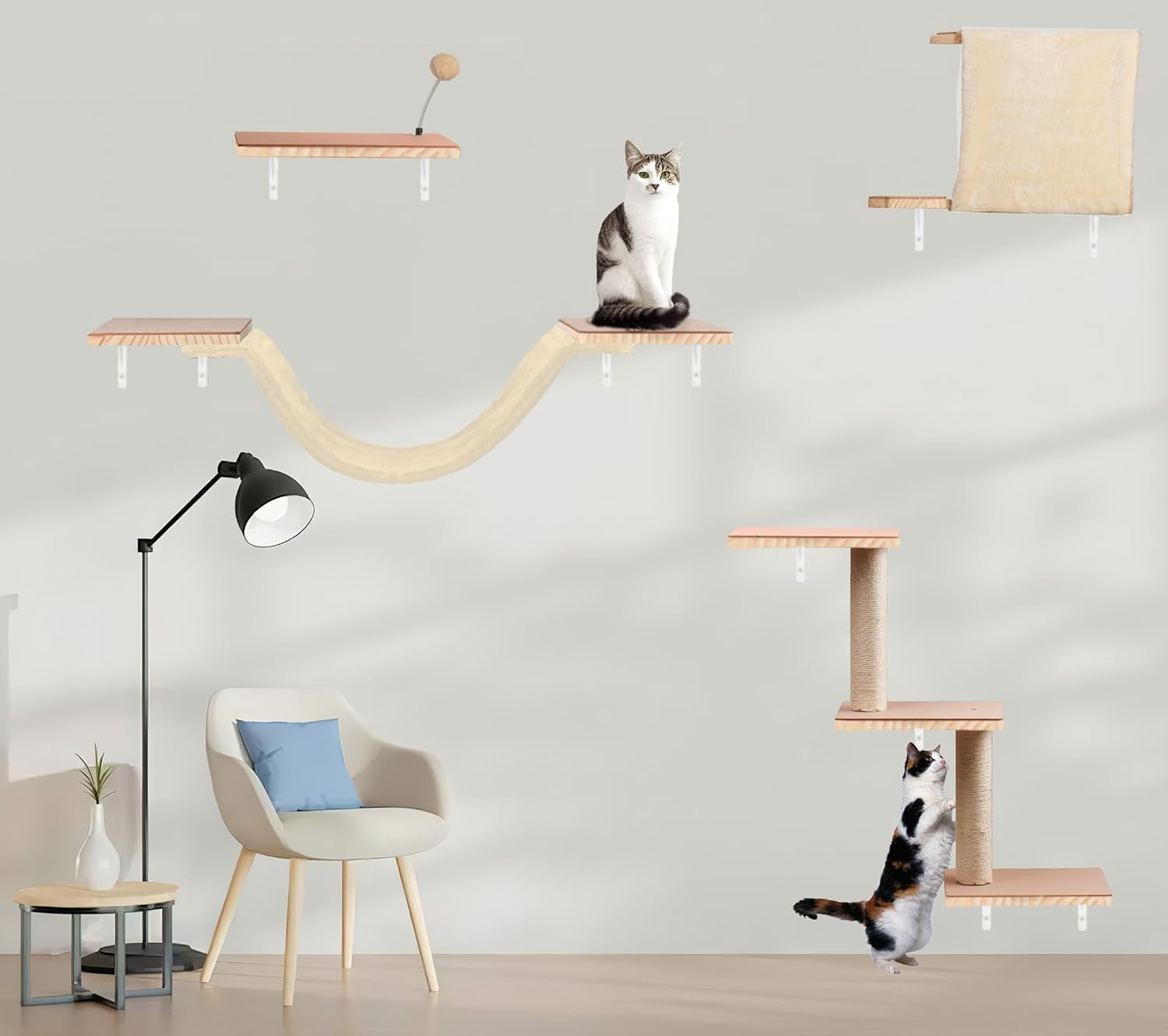 Wall Mounted  Shelves Set with Scratching Post, Hammock and Steps for Small Medium Cats - Beige Solid Wood Climbing Furniture