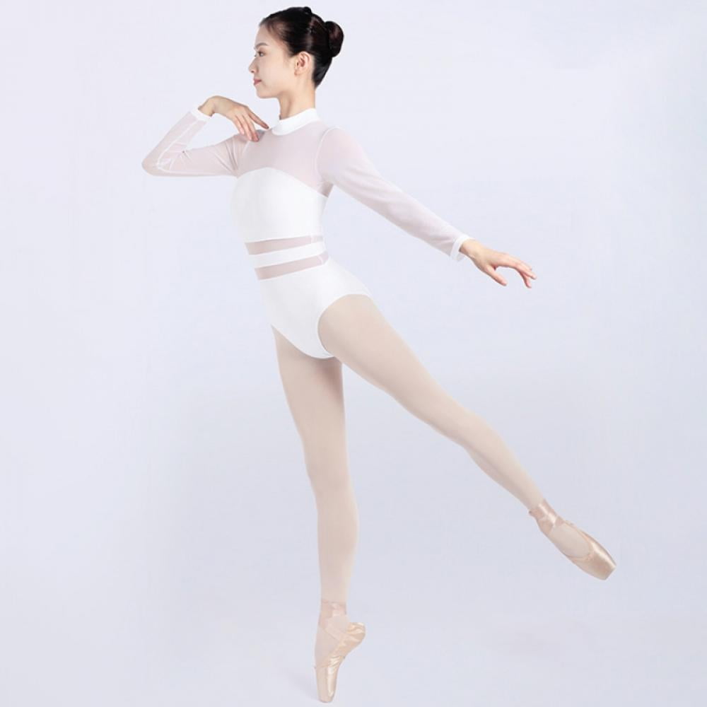 Girls Women Dance Leotards One Mesh Long Sleeve Ballet Clothes with Open  Back 