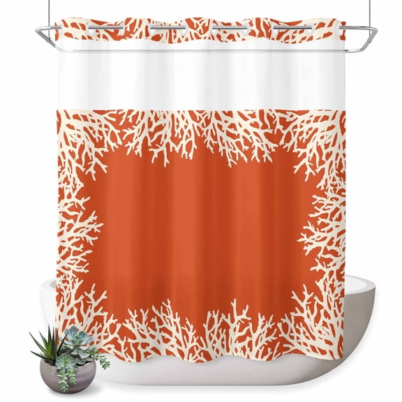 No Hook Shower Curtain, Coastal Coral Shower Curtains for Bathroom with See Through Top Window, Orange White Ocean Marine Nautical Beach Waterproof & Washable Bath Curtain Long 72"x78"