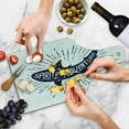 thumbnail image 4 of Shark Cutting Board, of Adventure Words over a Fish Body Wildlife Grunge Design, Decorative Tempered Glass Cutting and Serving Board, Wine Bottle Shape, Indigo Pearl, by Ambesonne, 4 of 5