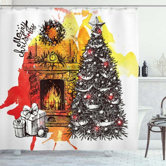 Fireplace Shower Curtain, Artistic Sketch of Merry Christmas Typography with Tree Log Fire and Gifts, Fabric Bathroom Set with Hooks, 69W X 84L Inches Extra Long, Multicolor, by Ambesonne