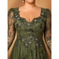 thumbnail image 3 of Olive Green Plus Size Evening Gown With Floral Embroidery And Long Sleeves, 3 of 30