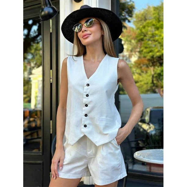 Chaleco Gris Conjunto Chaleco Y Short Mujer Conjunto Mujer Casual - Main Image