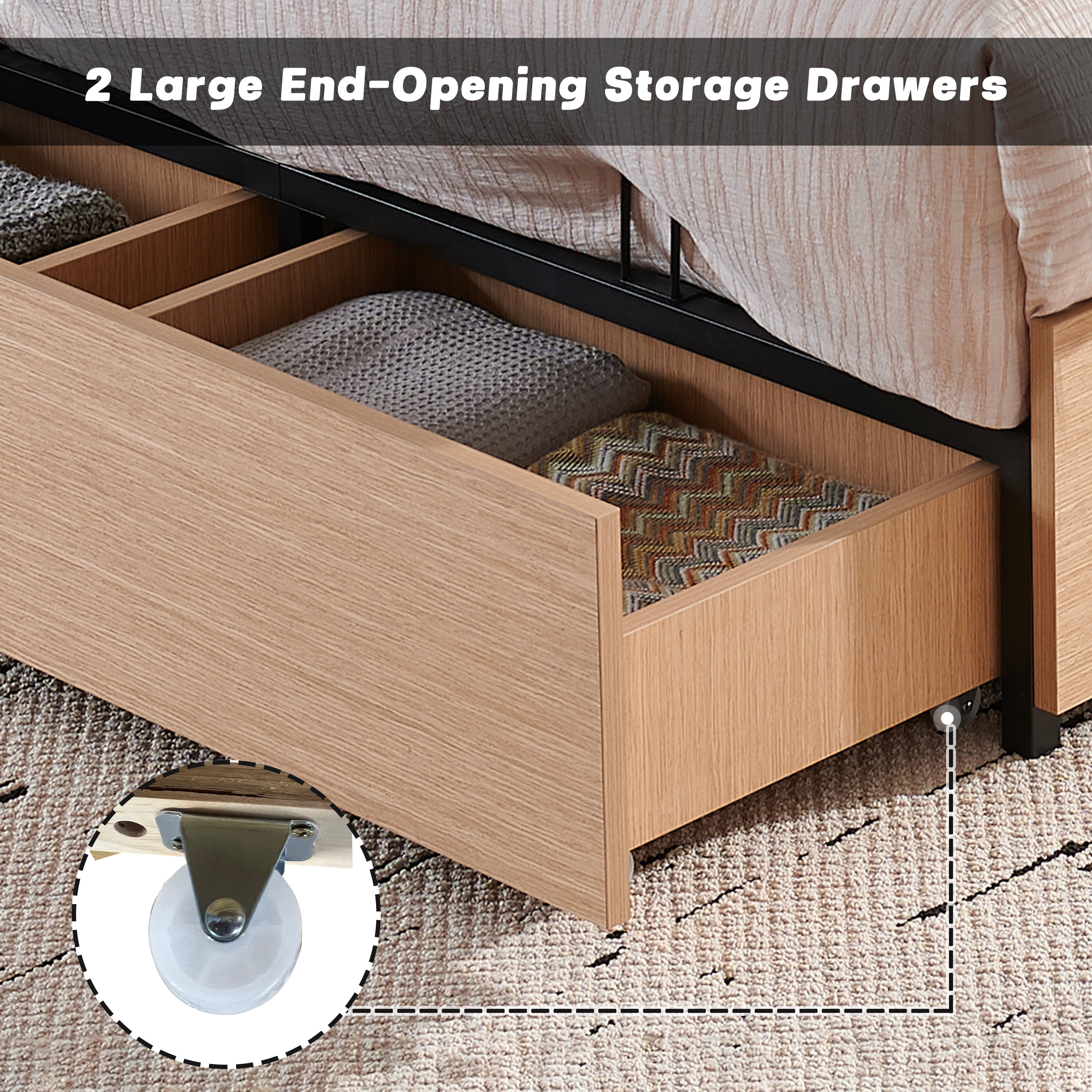 King Size Bed Frame and Upholstered Headboard, Solid Wood Platform Bed with Storage Drawers, Durable Wooden Slats, Solid and Stable, Noiseless, No Box Spring Needed, Easy Assembly, Light Gray