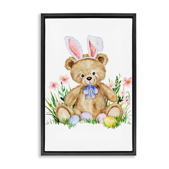 Springy Easter Teddy Bear Black Framed Floater Canvas Wall Art, design by Amy Hall