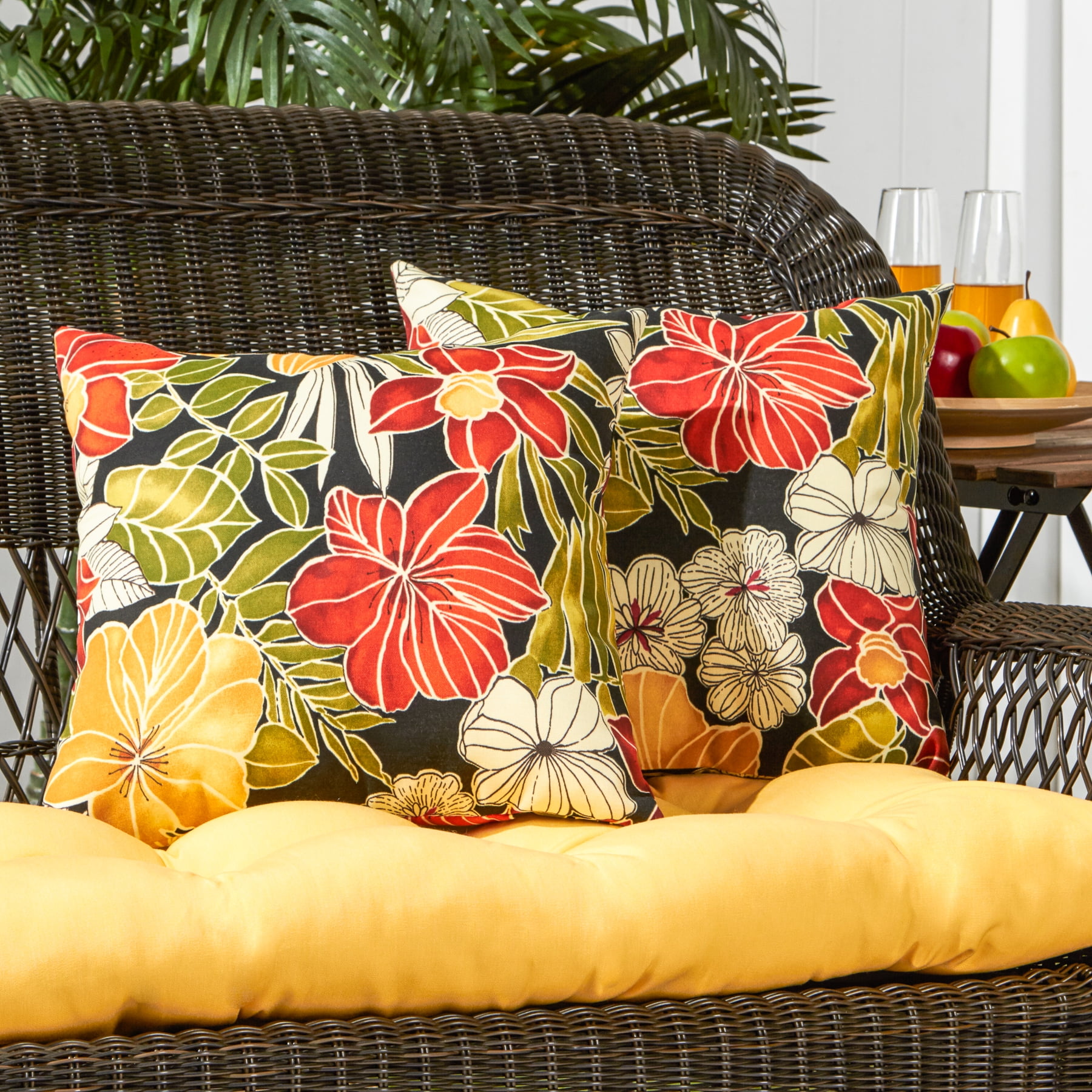 Aloha Black Floral Outdoor Square Throw Pillow (2pack