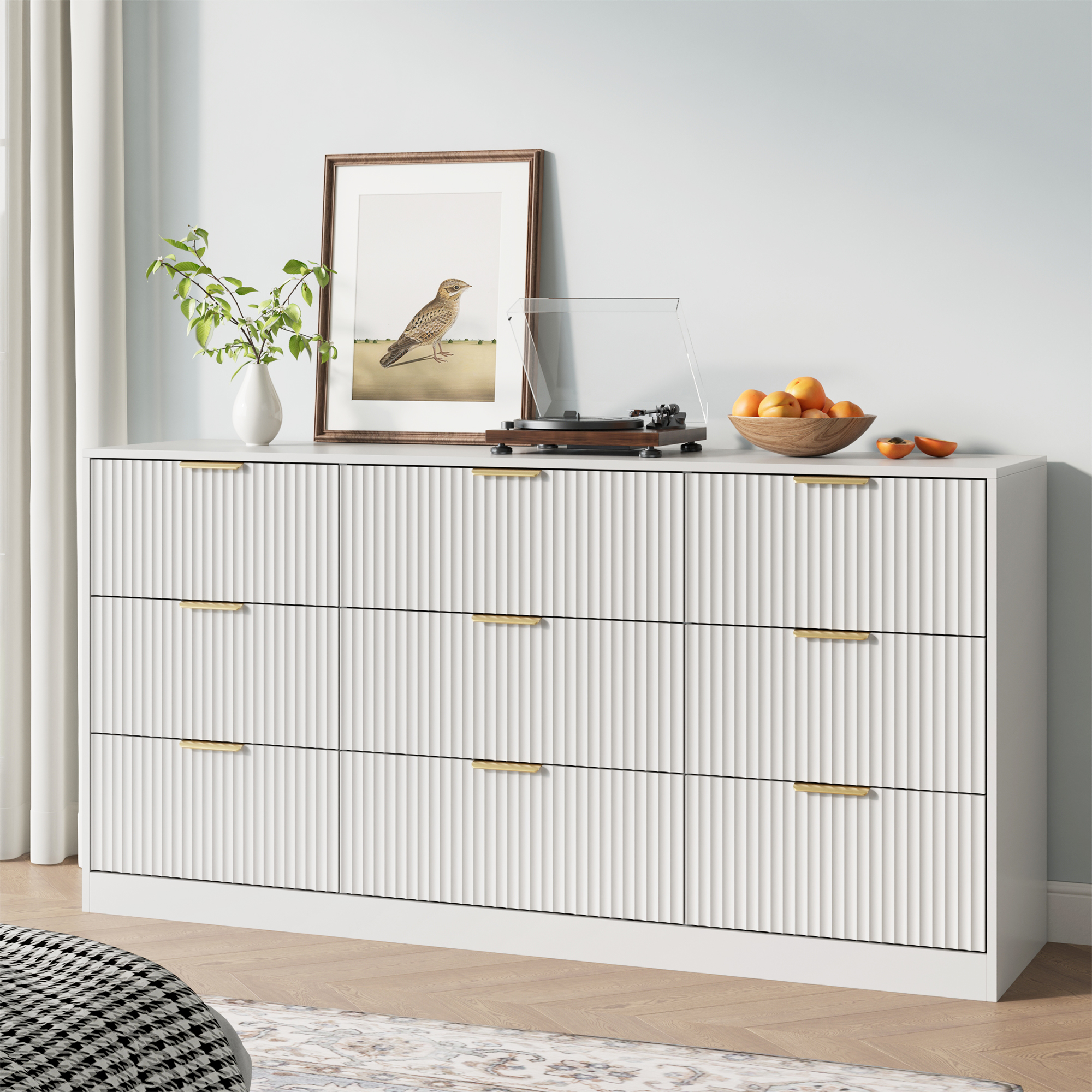 YouTrend White 9 Drawer Dresser for Bedroom,Modern Adult Fluted Wood Chest of Drawer with Golden Embedded Handles for Living Room,Hallway