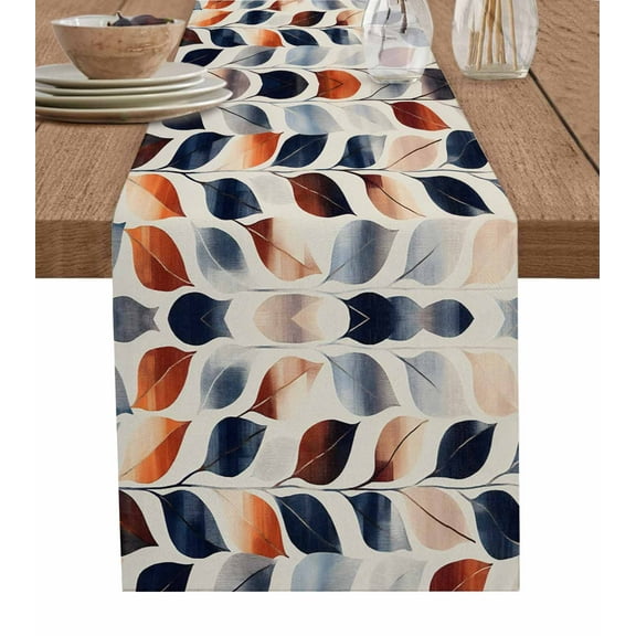 Navy Blue Burnt Orange Botanical Burlap Cotton Table Runner 13x60 Inches Long, Vintage Leaves Farmhouse Table Runners, Outdoor Dining Tablecloths Decor for Baby Shower/Party/Wedding