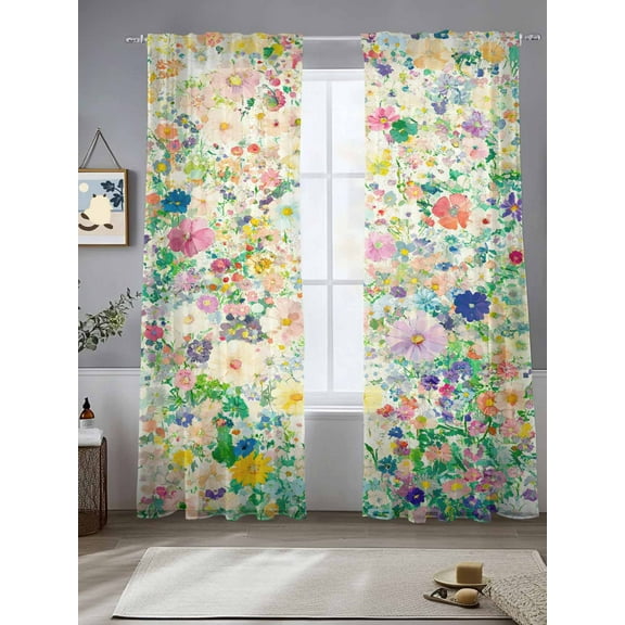 Emerging Blossoms Pattern Sheer Curtains for Living Room Bedroom Colorful Watercolor Floral Sheer Curtains 96 Inch Long 2 Panels Set Light Filtering Curtain Window Treatments Drapes for Dining Room