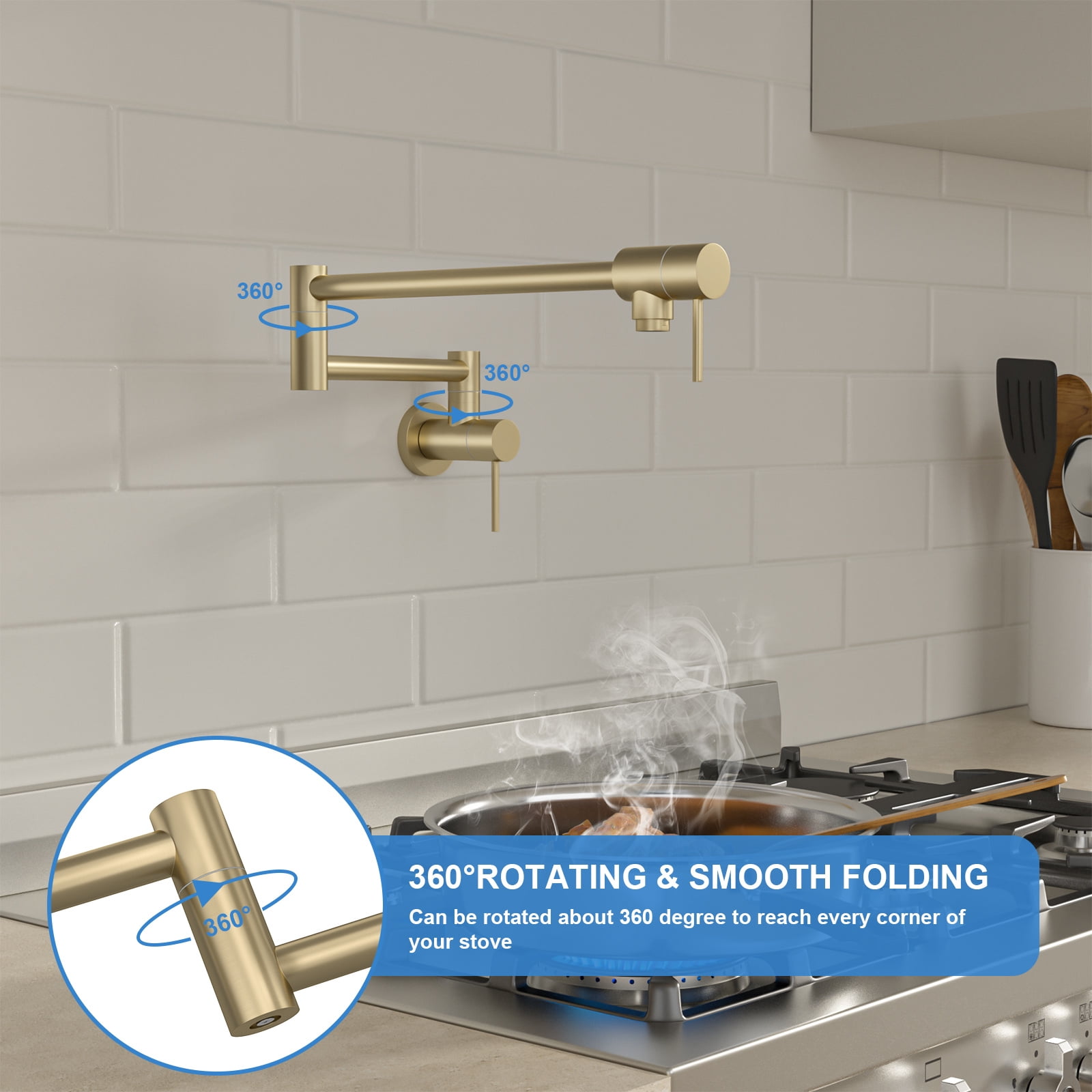 Pot Filler Faucet Wall Mount Gold, 20" L Stainless Steel Folding Kitchen Faucet with Double Joint Swing Arm, Commercial Pot Filler with 360° Swivel Spout & ABS Aerator