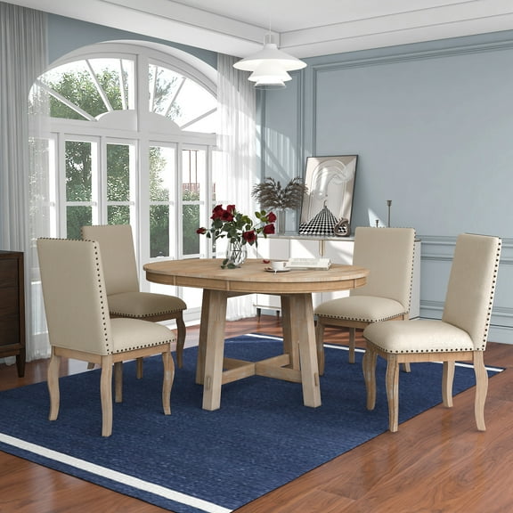 Farmhouse Dining Table Set for 4, 42" to 58" Wood Round Extendable Table and 4 Upholstered Dining Chairs, Kitchen Table Set for Small Space, 5-Piece Dining Room Set for Dorm Apartment(Natural Wood)